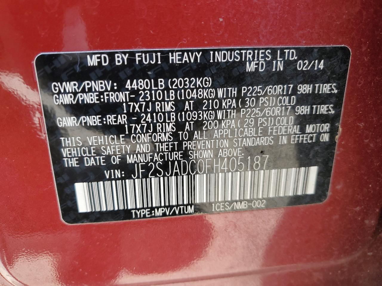 2015 Subaru Forester 2.5I Premium VIN: JF2SJADC0FH405187 Lot: 65239185