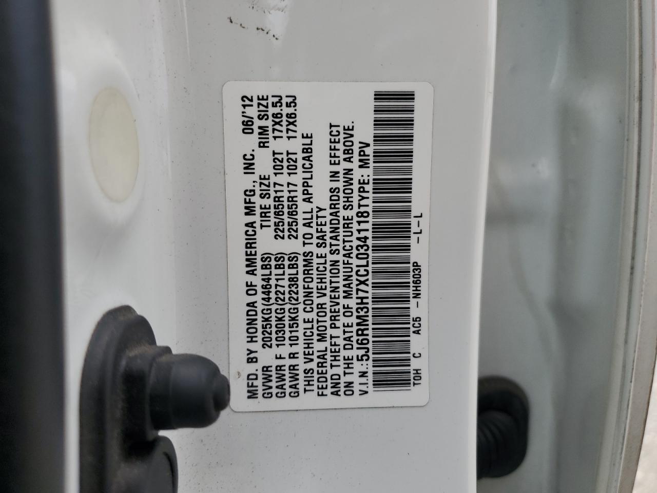 2012 Honda Cr-V Exl VIN: 5J6RM3H7XCL034118 Lot: 65432075
