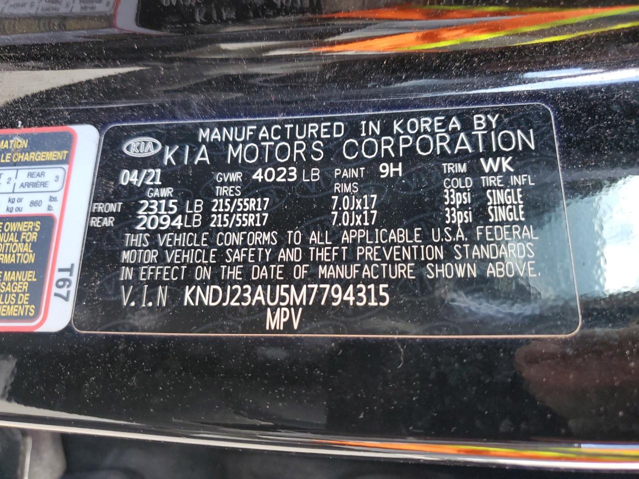 2021 Kia Soul Lx VIN: KNDJ23AU5M7794315 Lot: 64020925
