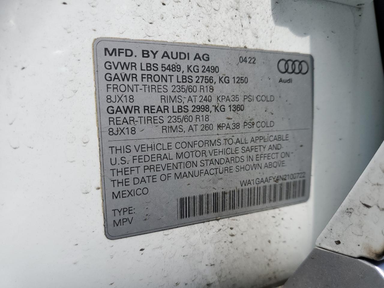 2022 Audi Q5 Premium 45 VIN: WA1GAAFY4N2100722 Lot: 64862675