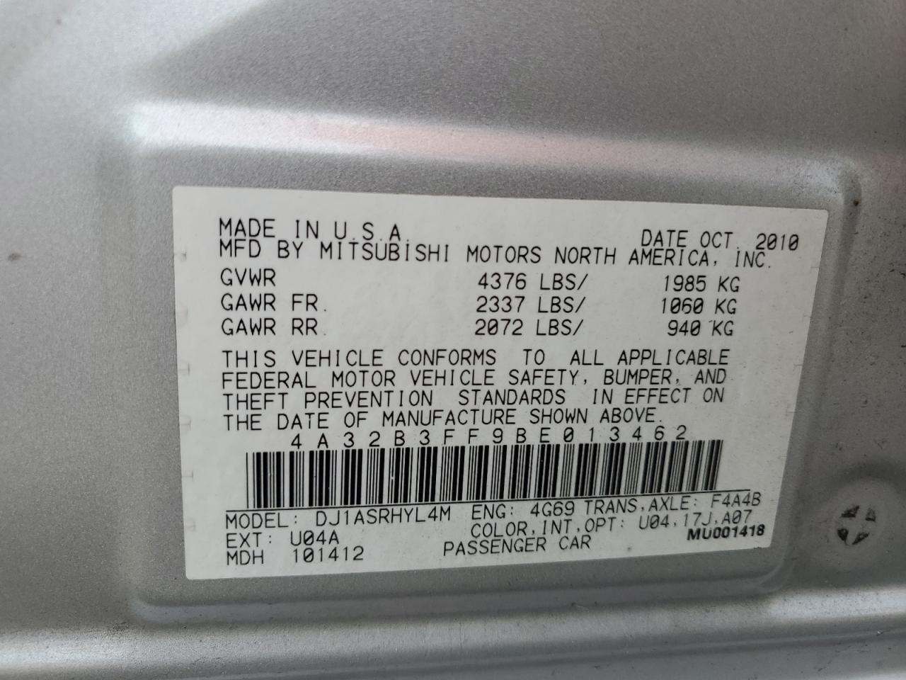 2011 Mitsubishi Galant Es VIN: 4A32B3FF9BE013462 Lot: 63010845