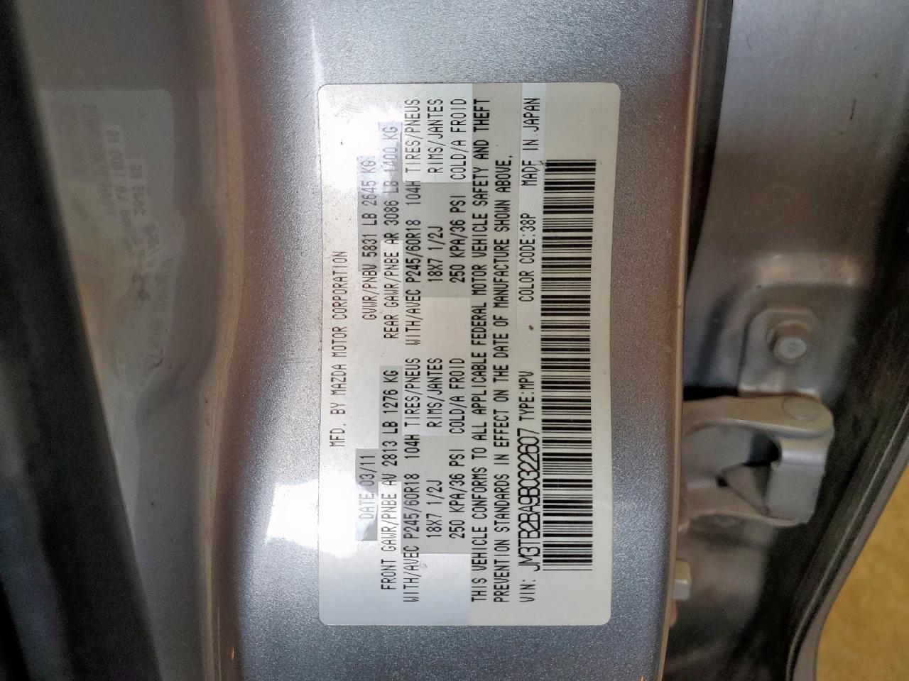 2011 Mazda Cx-9 VIN: JM3TB2BA9B0322607 Lot: 64318655