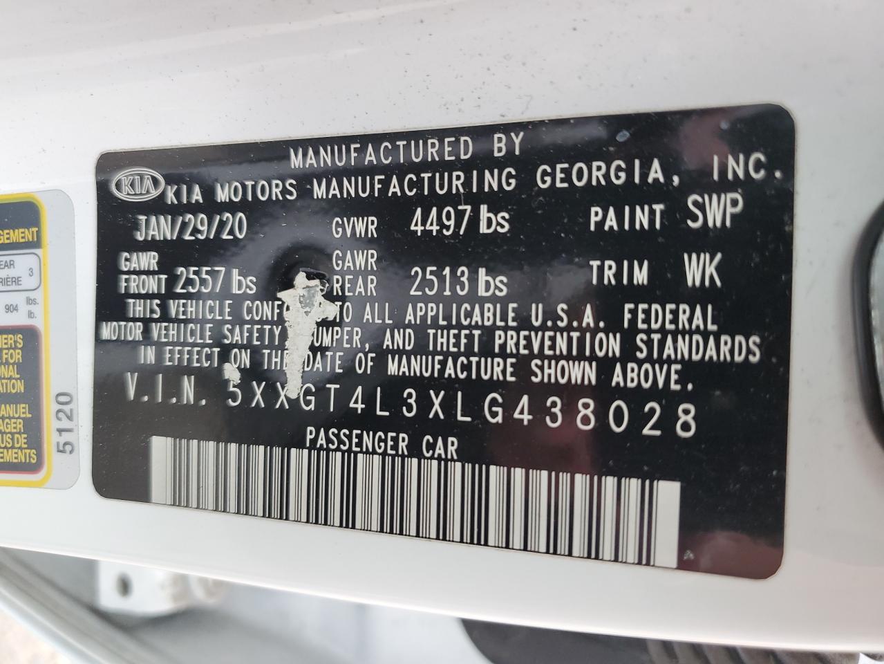 2020 Kia Optima Lx VIN: 5XXGT4L3XLG438028 Lot: 64299915