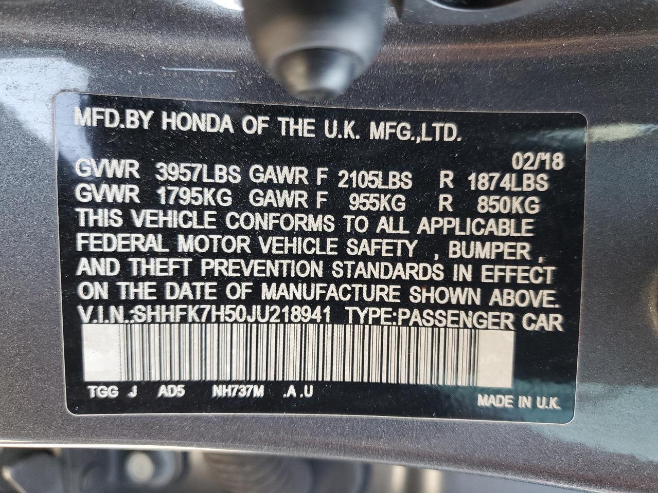 2018 Honda Civic Ex VIN: SHHFK7H50JU218941 Lot: 65576295