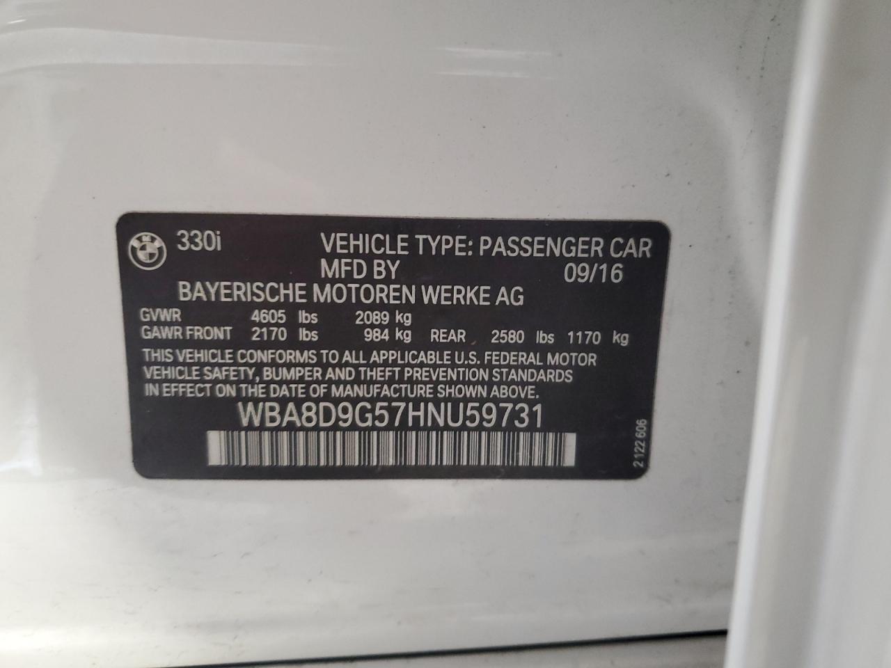 2017 BMW 330 Xi VIN: WBA8D9G57HNU59731 Lot: 65078925