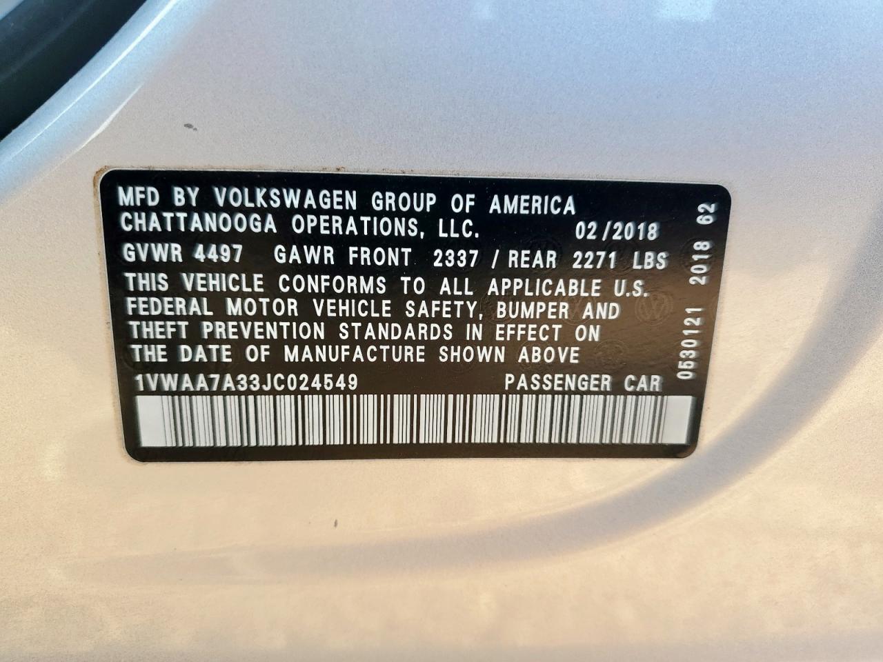 2018 Volkswagen Passat S VIN: 1VWAA7A33JC024549 Lot: 66733795