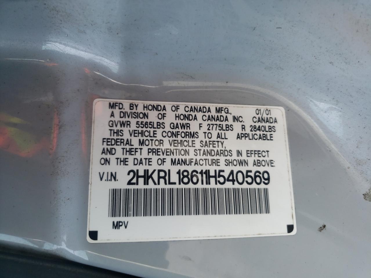 2001 Honda Odyssey Ex VIN: 2HKRL18611H540569 Lot: 63794715