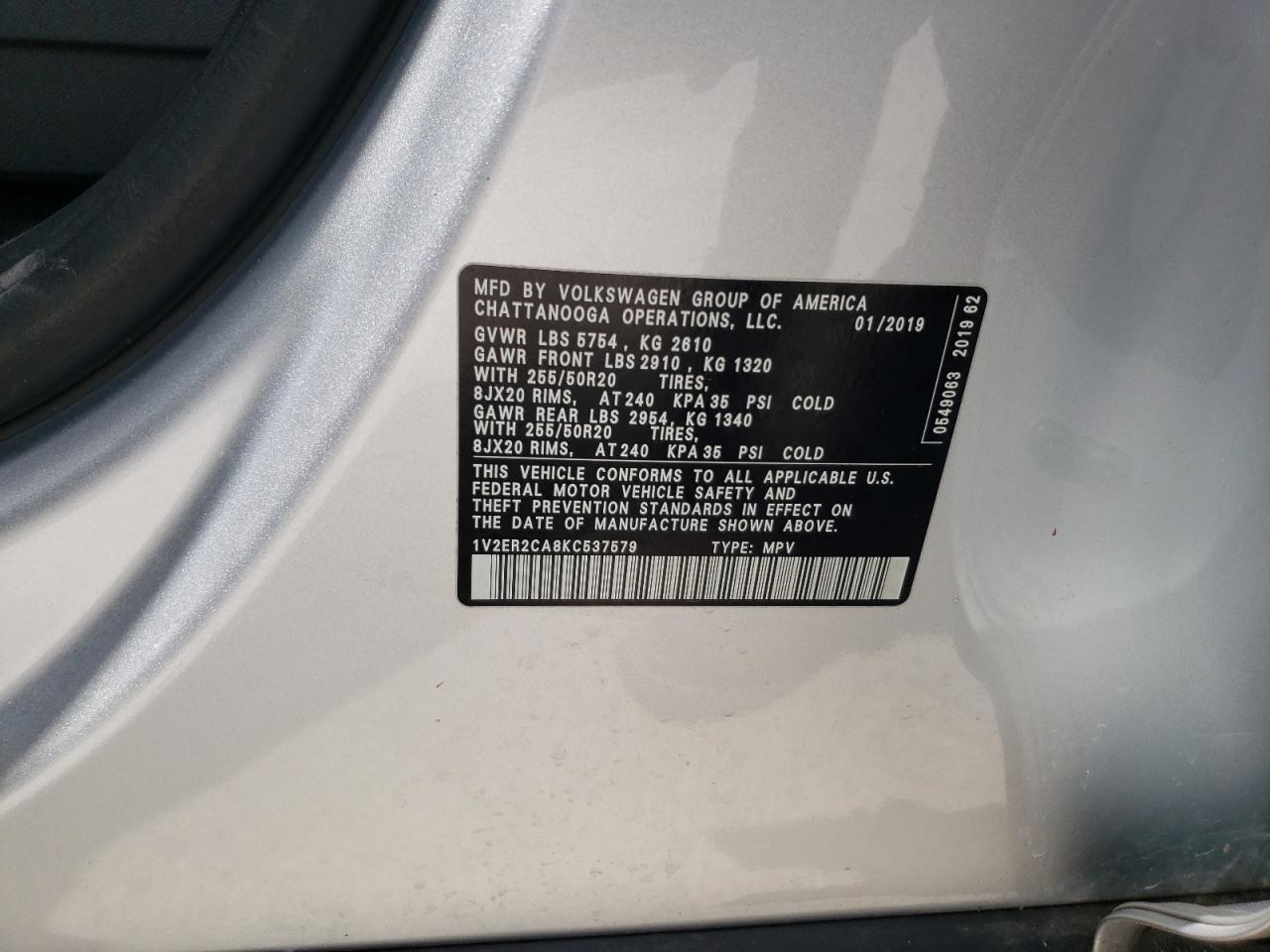 2019 Volkswagen Atlas Sel VIN: 1V2ER2CA8KC537579 Lot: 65520875