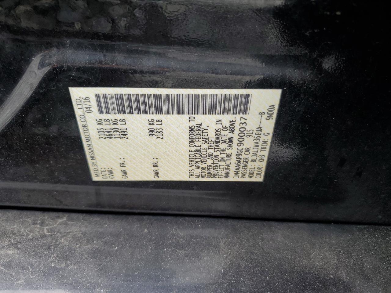 2016 Nissan Maxima 3.5S VIN: 1N4AA6AP9GC900037 Lot: 63745435