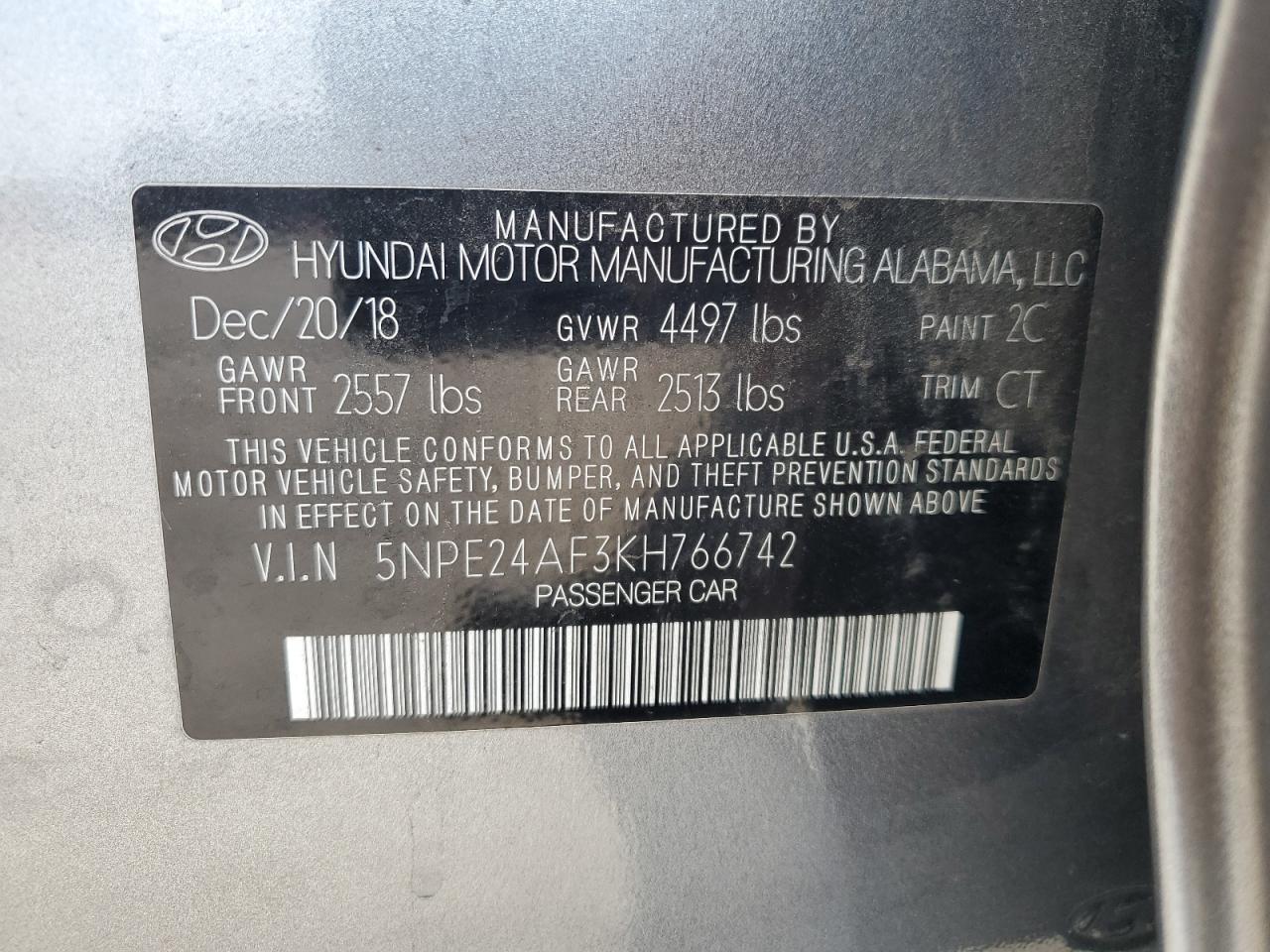 2019 Hyundai Sonata Se VIN: 5NPE24AF3KH766742 Lot: 65392815
