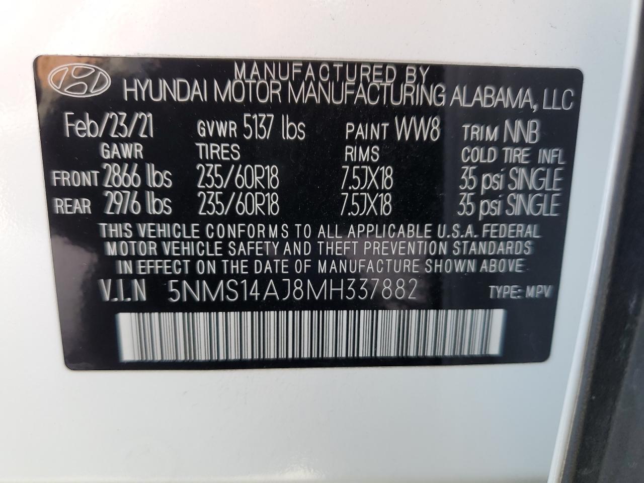 2021 Hyundai Santa Fe Se VIN: 5NMS14AJ8MH337882 Lot: 63121795