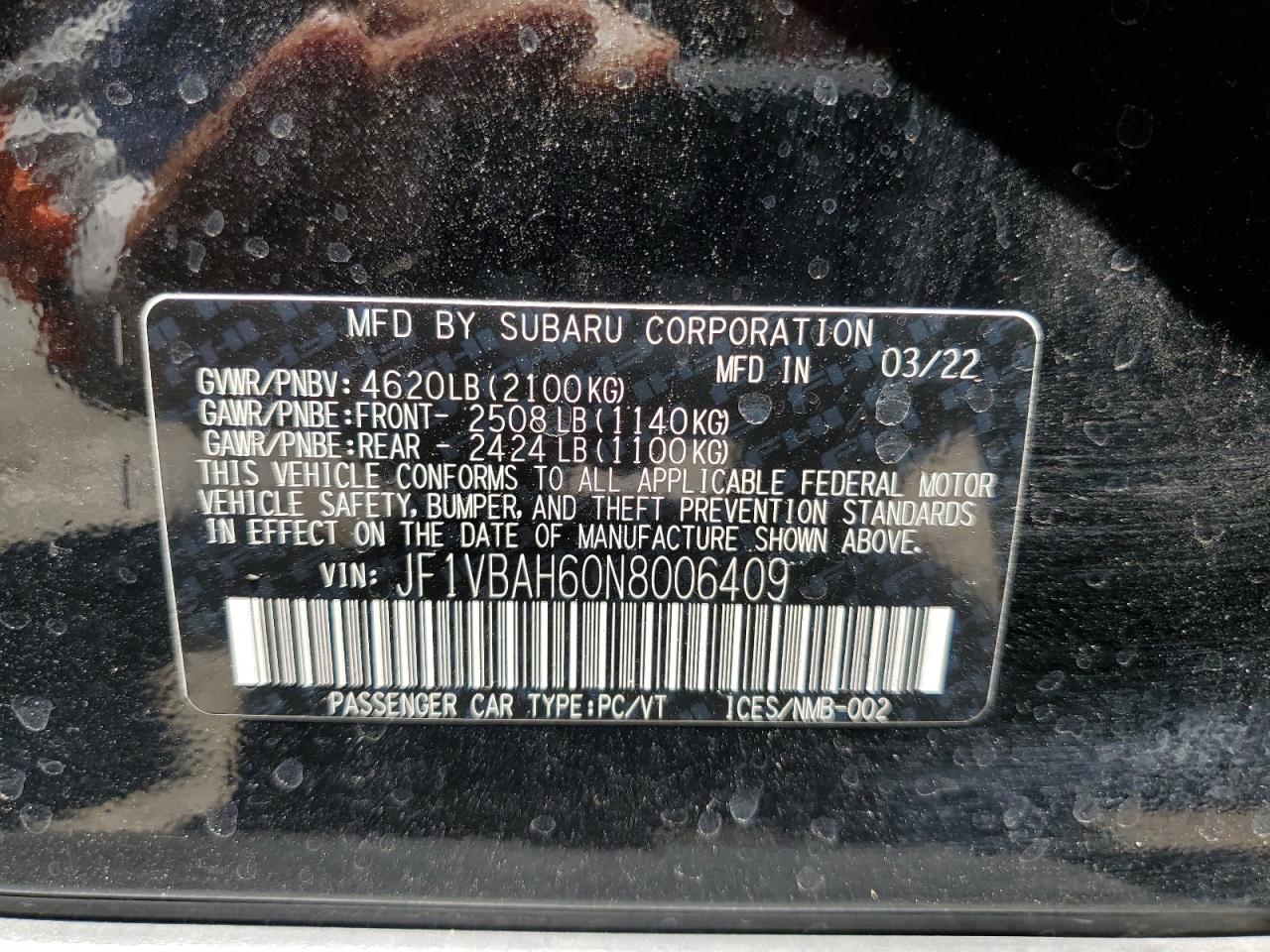 2022 Subaru Wrx Premium VIN: JF1VBAH60N8006409 Lot: 64672775