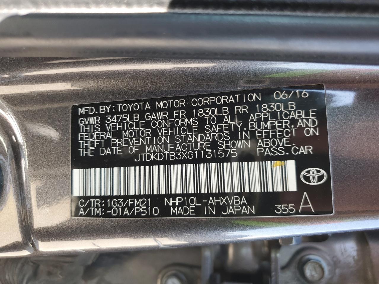 2016 Toyota Prius C VIN: JTDKDTB3XG1131575 Lot: 65265915