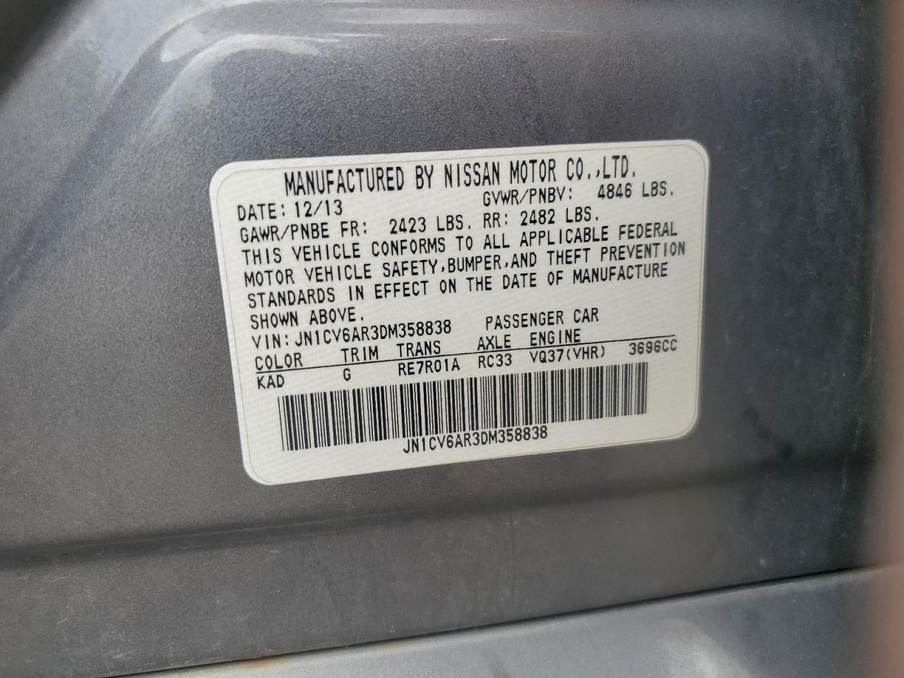 2013 Infiniti G37 VIN: JN1CV6AR3DM358838 Lot: 64438445