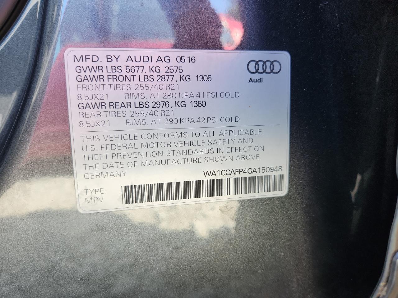 2016 Audi Sq5 Premium Plus VIN: WA1CCAFP4GA150948 Lot: 65692065