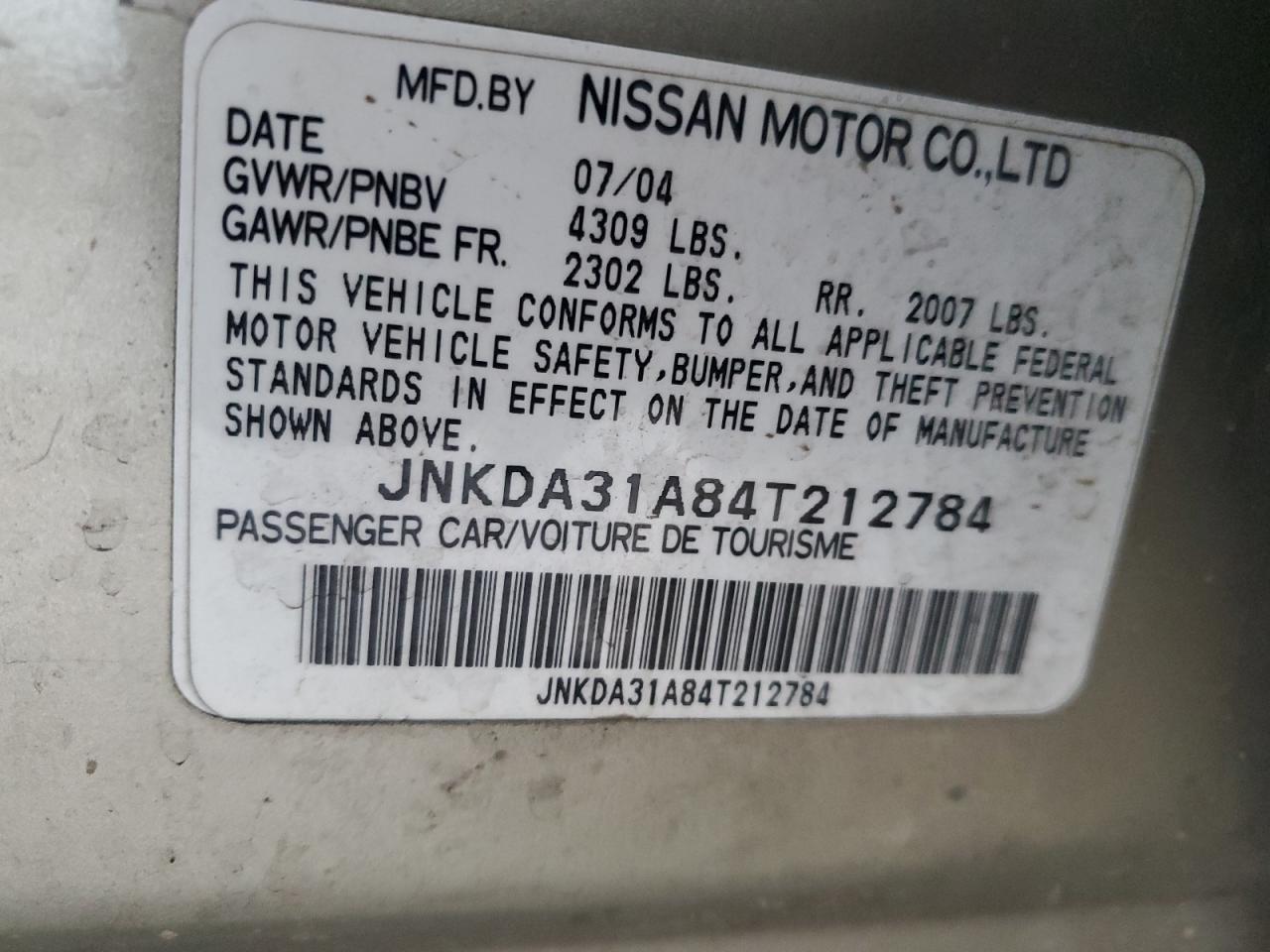 2004 Infiniti I35 VIN: JNKDA31A84T212784 Lot: 66553175