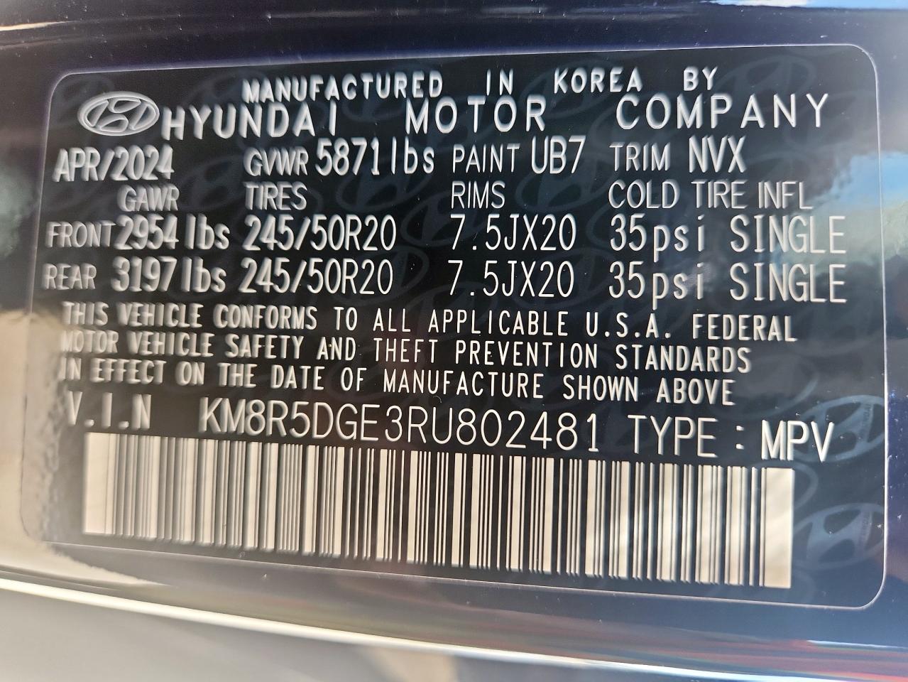 2024 Hyundai Palisade Limited VIN: KM8R5DGE3RU802481 Lot: 63223395