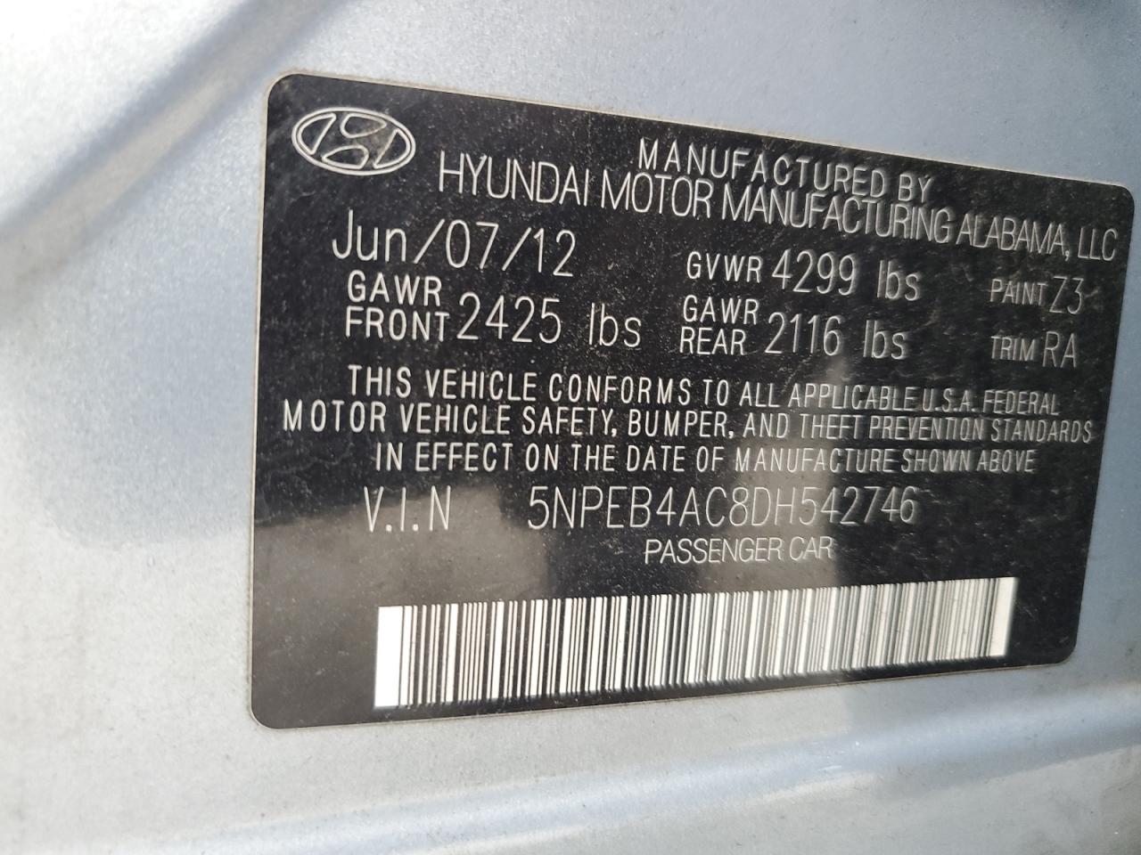 2013 Hyundai Sonata Gls VIN: 5NPEB4AC8DH542746 Lot: 63509715
