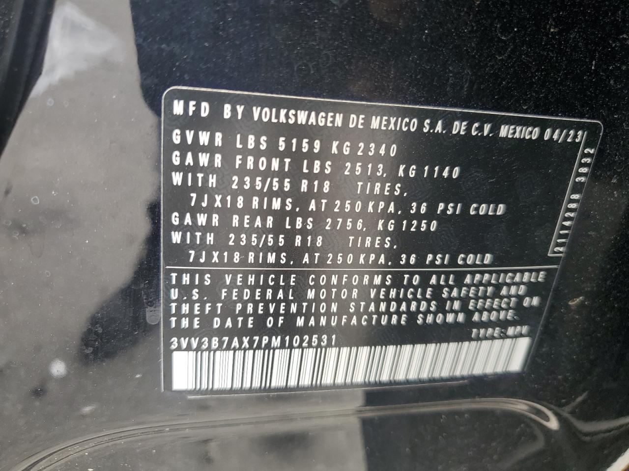 2023 Volkswagen Tiguan Se VIN: 3VV3B7AX7PM102531 Lot: 65467885
