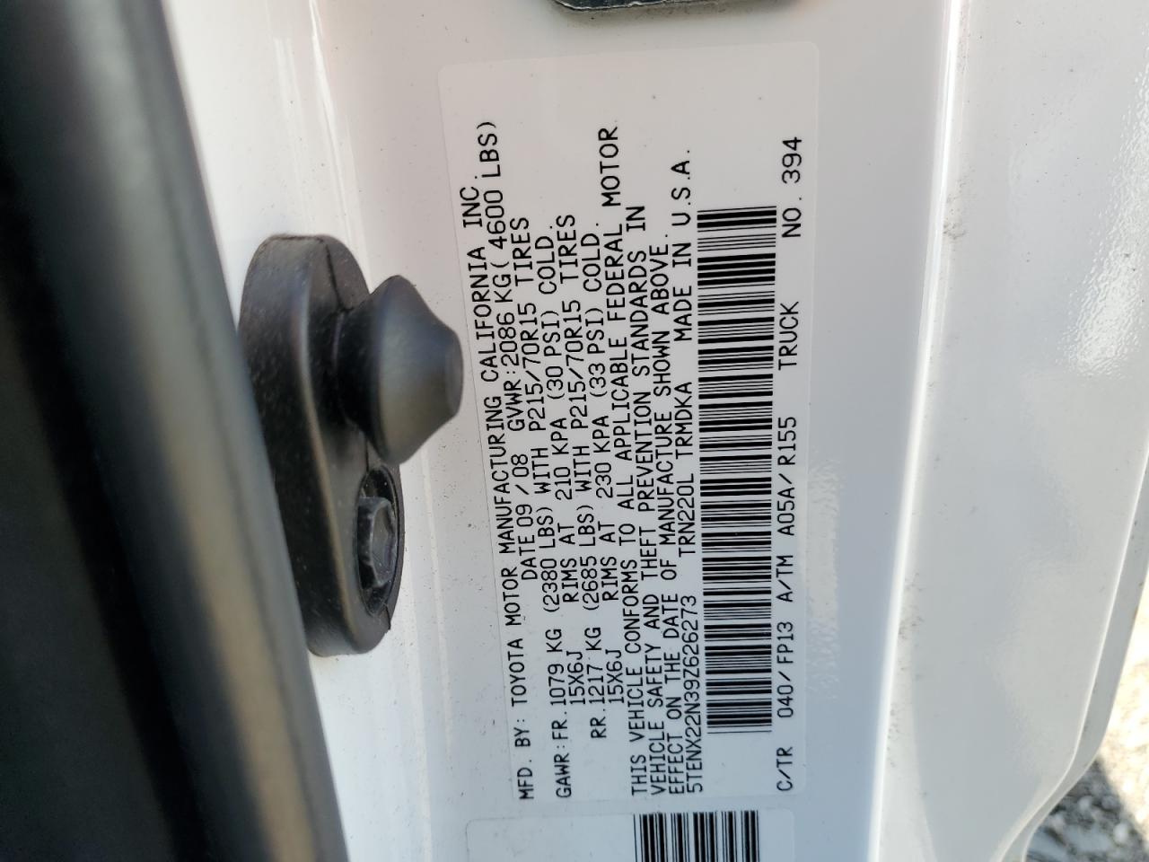 2009 Toyota Tacoma VIN: 5TENX22N39Z626273 Lot: 65451405