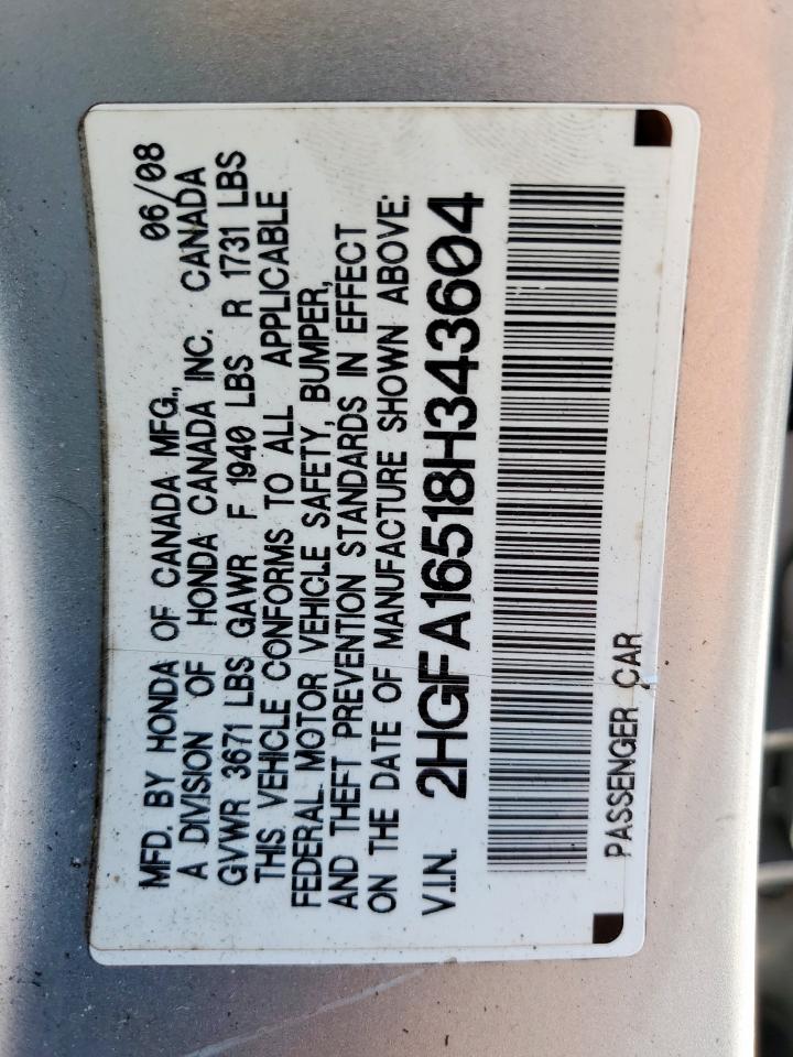 2008 Honda Civic Lx VIN: 2HGFA16518H343604 Lot: 65021285