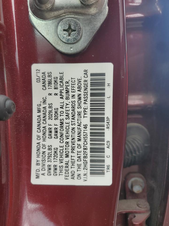 2012 Honda Civic Ex VIN: 2HGFB2F87CH557146 Lot: 64409255