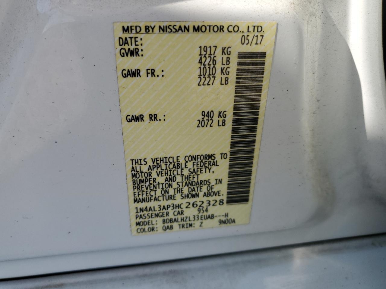 2017 Nissan Altima 2.5 VIN: 1N4AL3AP3HC262328 Lot: 64901605