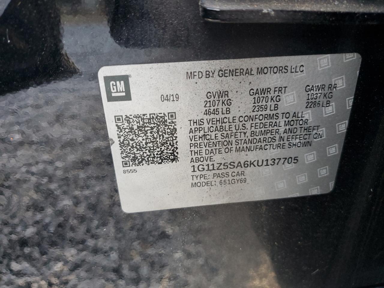 2019 Chevrolet Impala Lt VIN: 1G11Z5SA6KU137705 Lot: 65607075