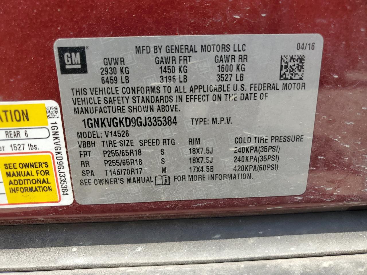 2016 Chevrolet Traverse Lt VIN: 1GNKVGKD9GJ335384 Lot: 64616635