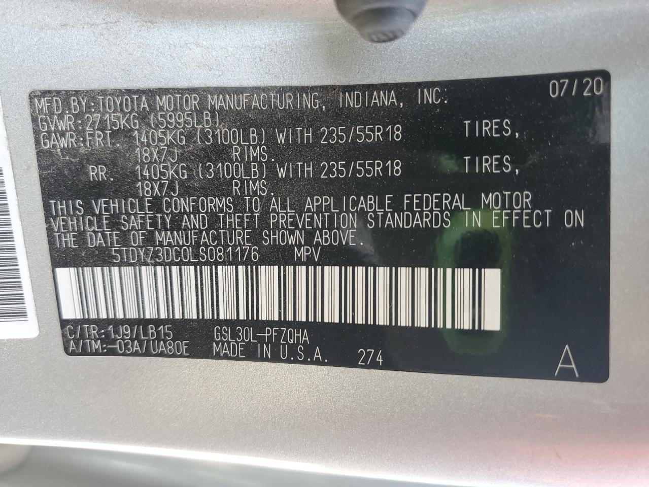 2020 Toyota Sienna Xle VIN: 5TDYZ3DC0LS081176 Lot: 64739945