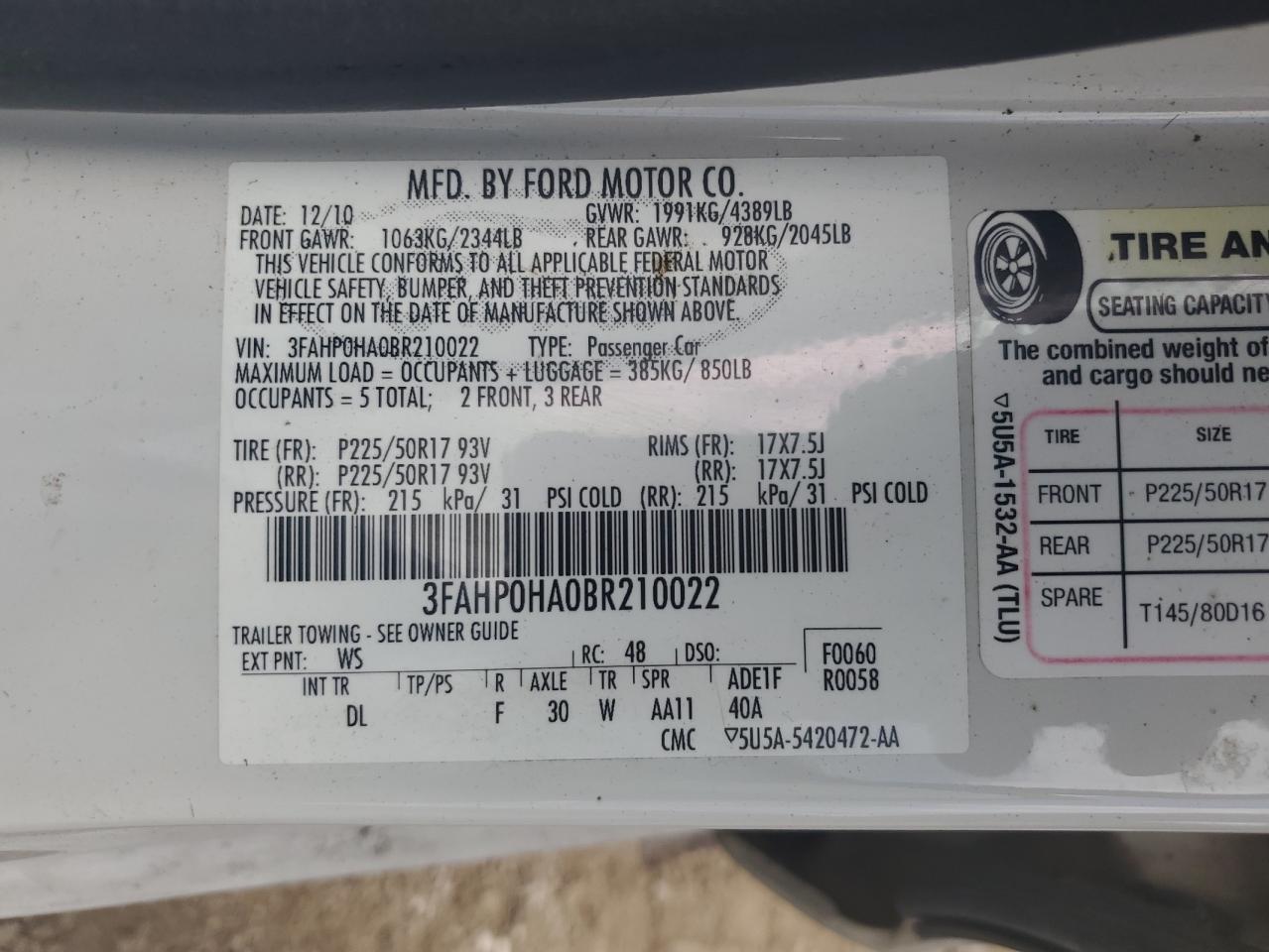 2011 Ford Fusion Se VIN: 3FAHP0HA0BR210022 Lot: 65184405