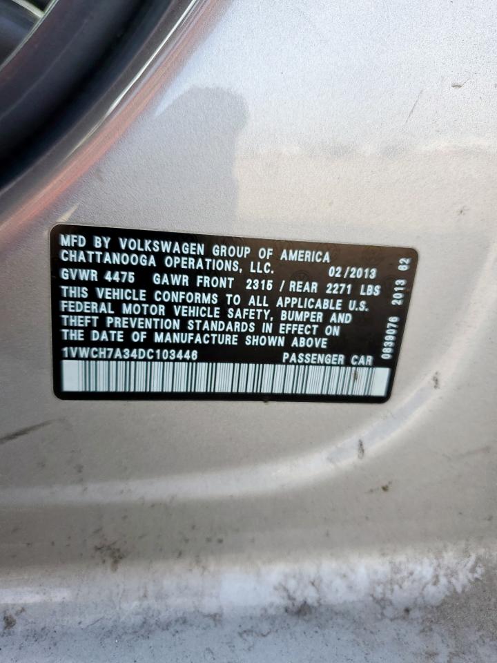 2013 Volkswagen Passat Sel VIN: 1VWCH7A34DC103446 Lot: 64758335