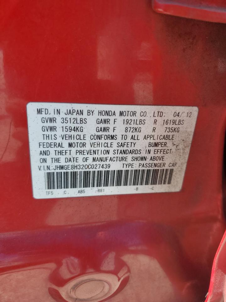 2012 Honda Fit VIN: JHMGE8H32CC027439 Lot: 63862565