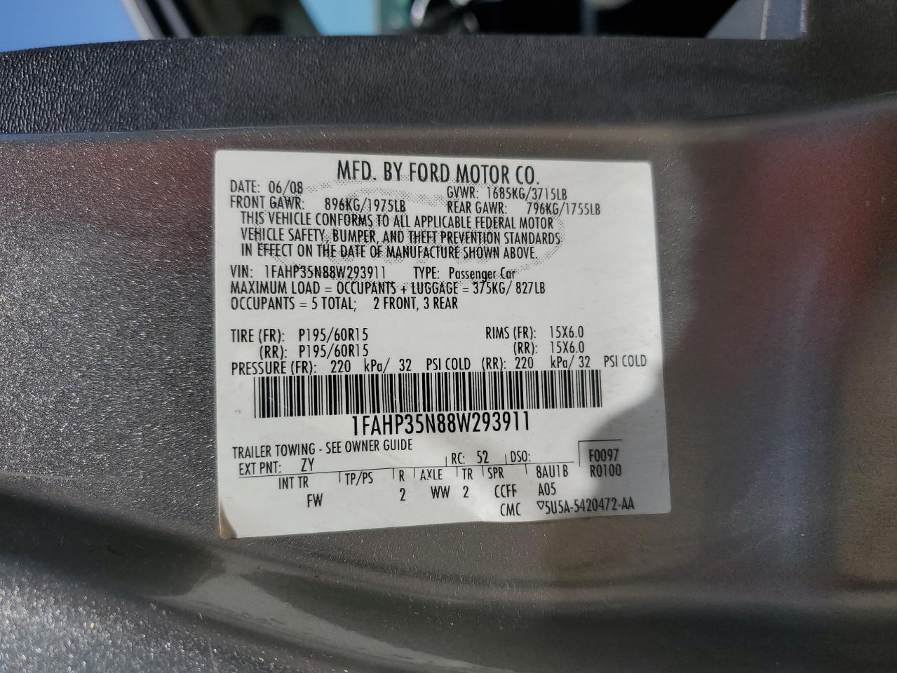 2008 Ford Focus Se VIN: 1FAHP35N88W293911 Lot: 64959025