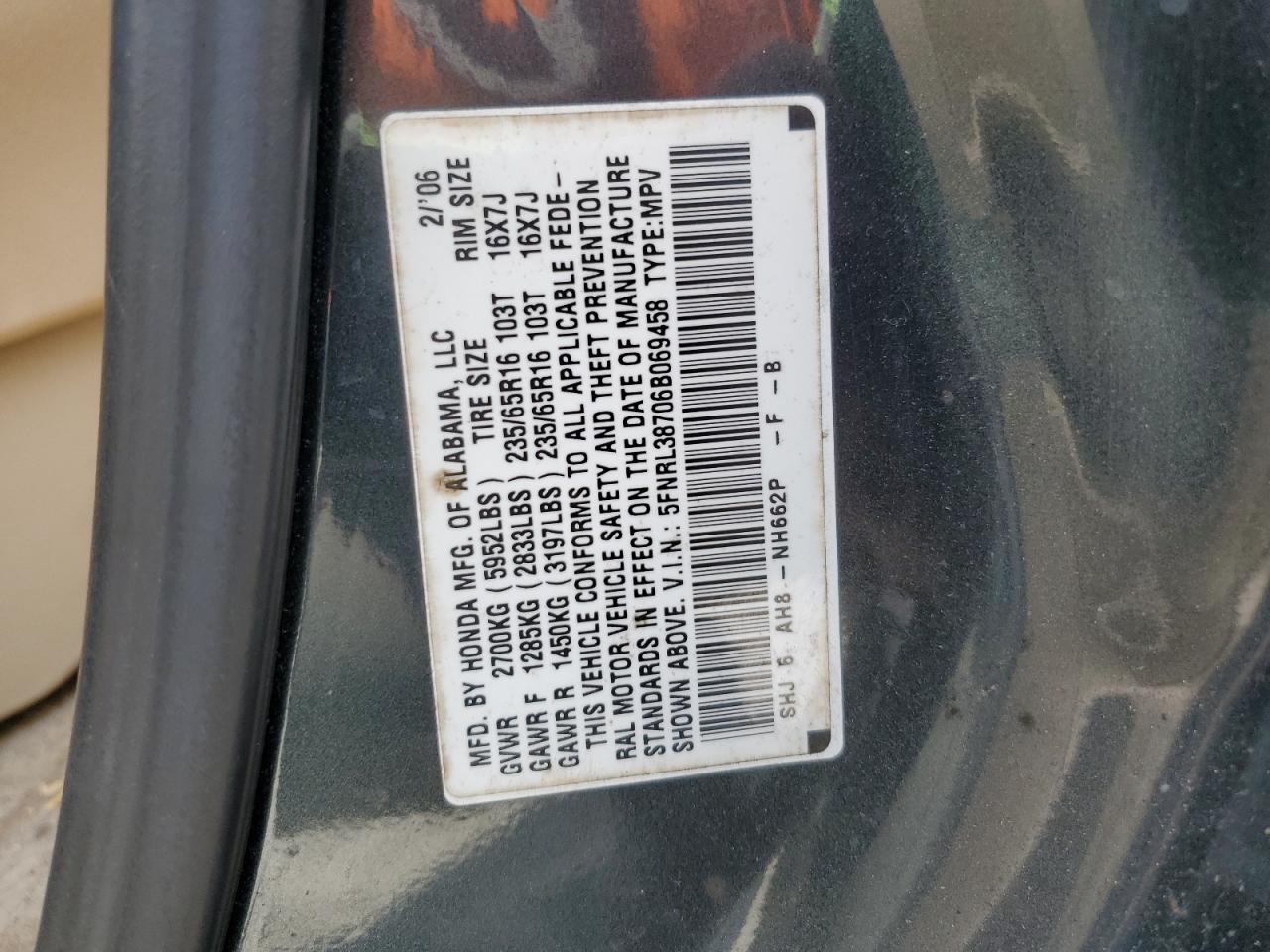 2006 Honda Odyssey Exl VIN: 5FNRL38706B069458 Lot: 65074905