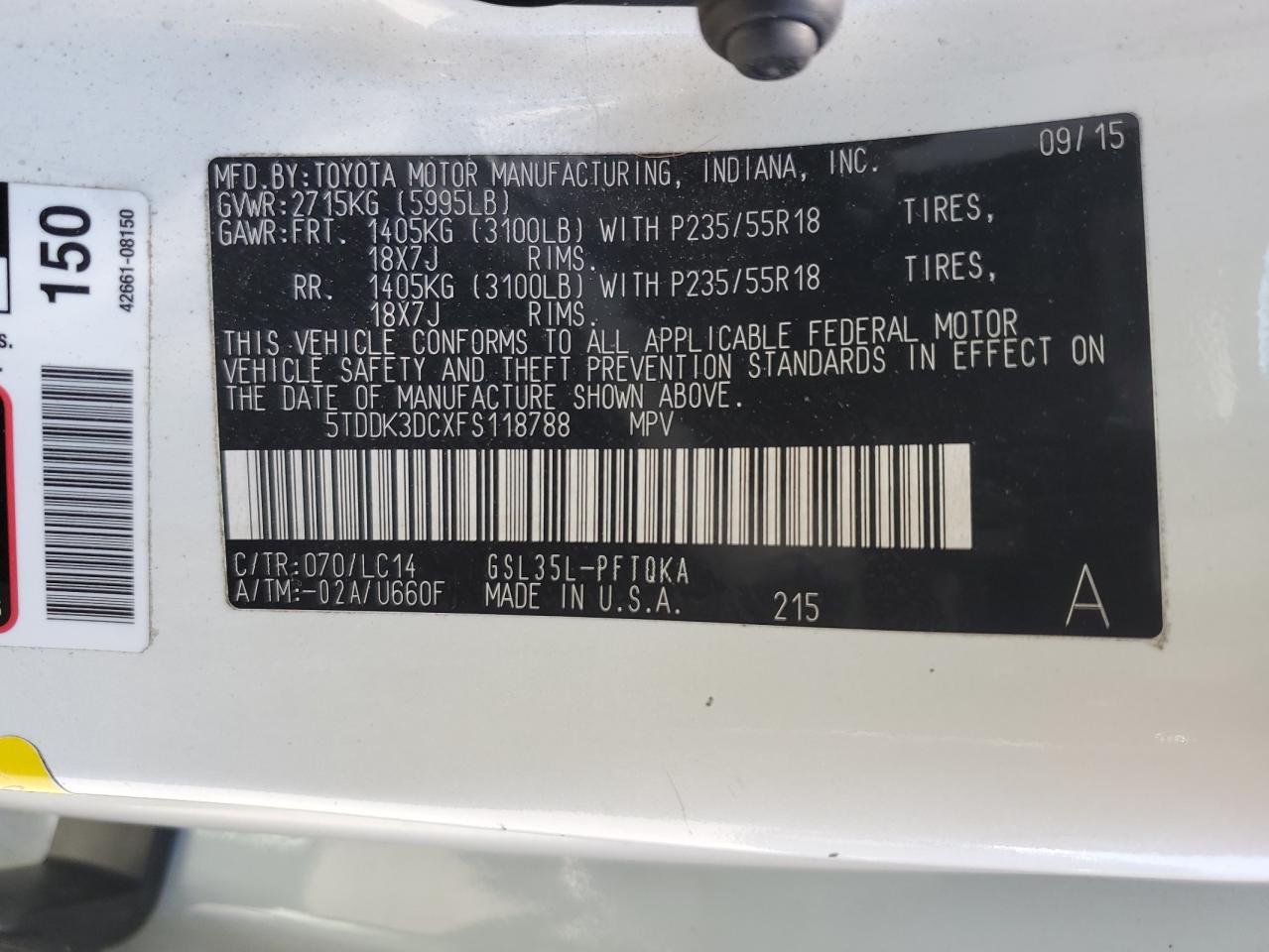 2015 Toyota Sienna Xle VIN: 5TDDK3DCXFS118788 Lot: 63985925