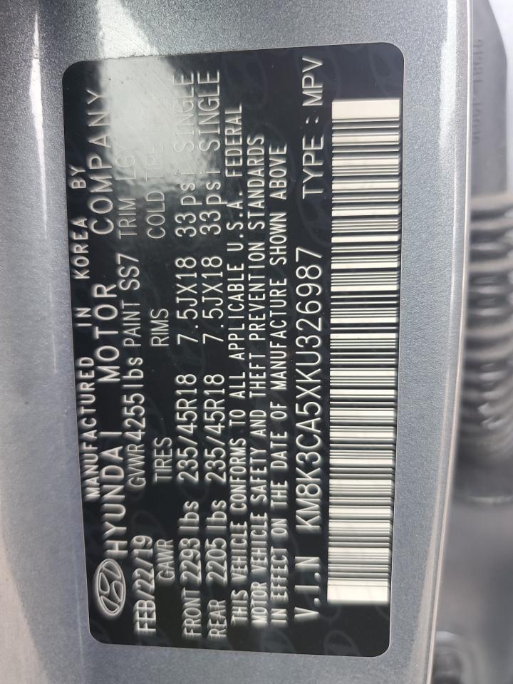 2019 Hyundai Kona Limited VIN: KM8K3CA5XKU326987 Lot: 64179505