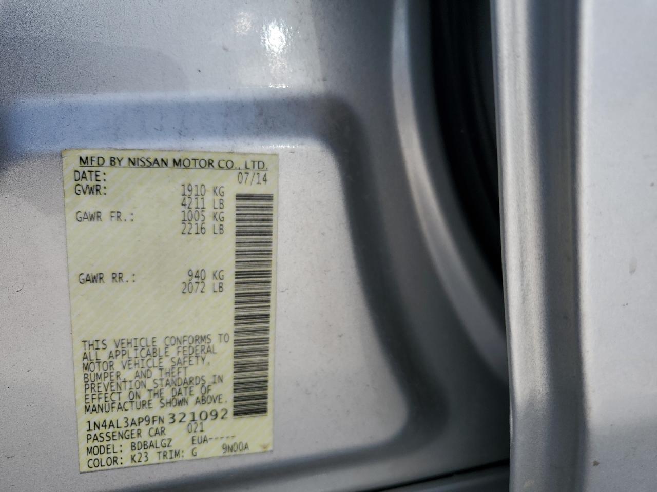 2015 Nissan Altima 2.5 VIN: 1N4AL3AP9FN321092 Lot: 64689645