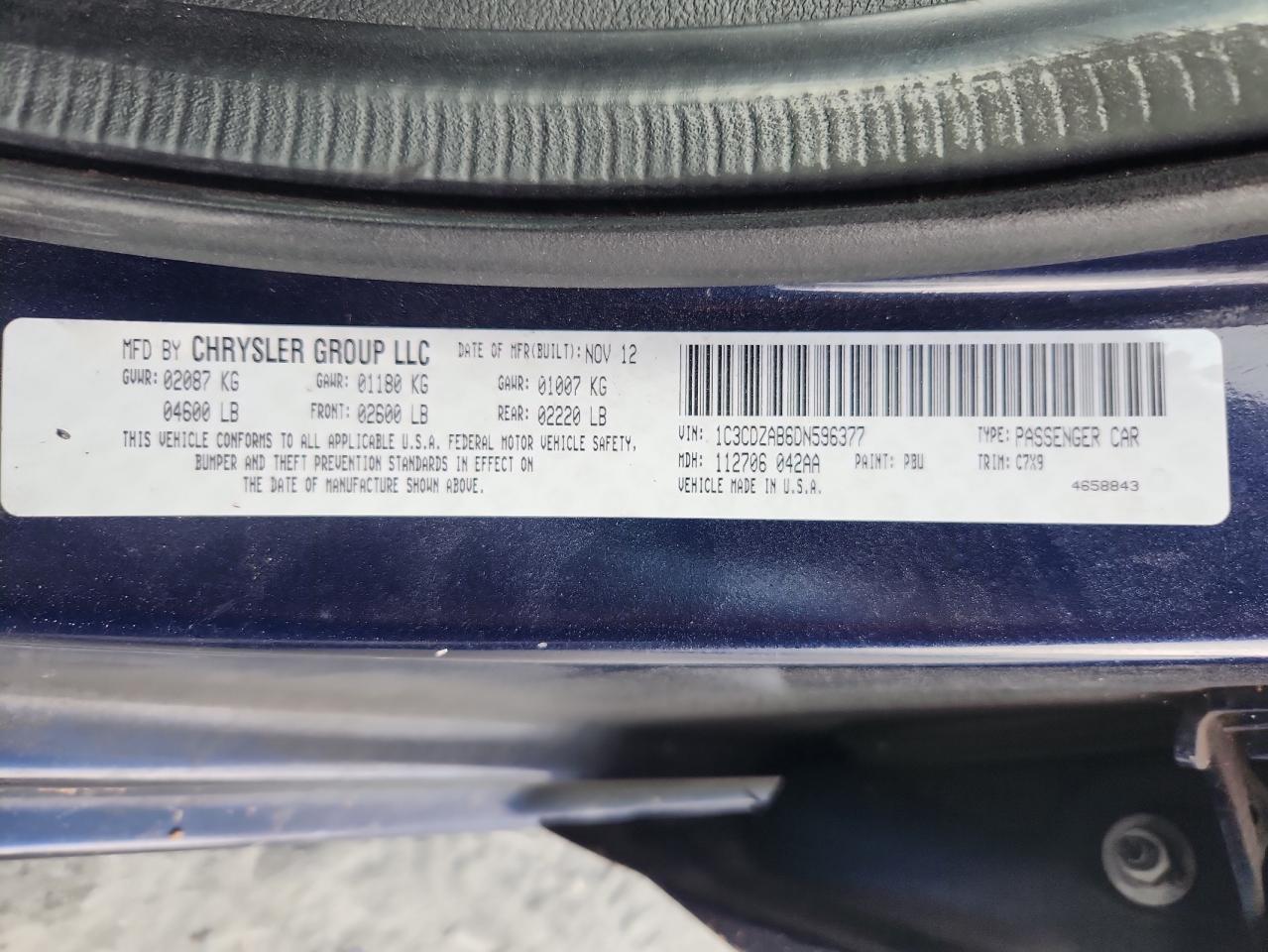 2013 Dodge Avenger Se VIN: 1C3CDZAB6DN596377 Lot: 63252635