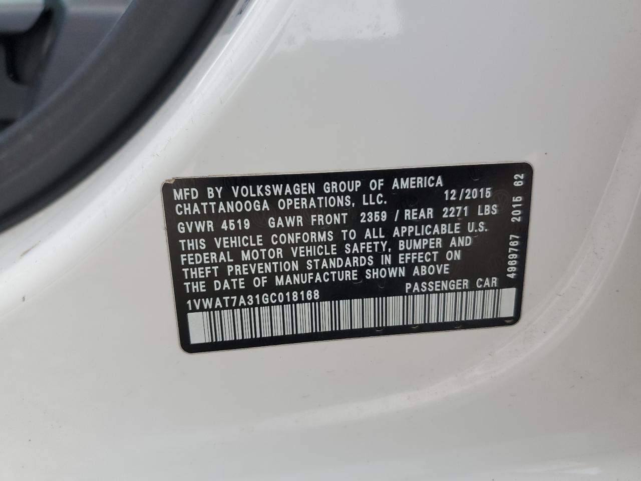 2016 Volkswagen Passat S VIN: 1VWAT7A31GC018168 Lot: 64483805