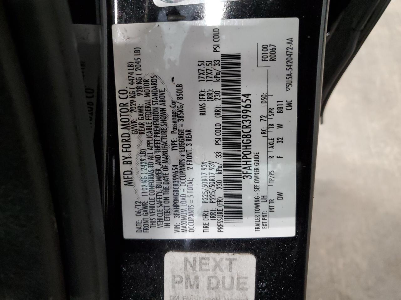 2012 Ford Fusion Se VIN: 3FAHP0HG8CR399654 Lot: 65038275