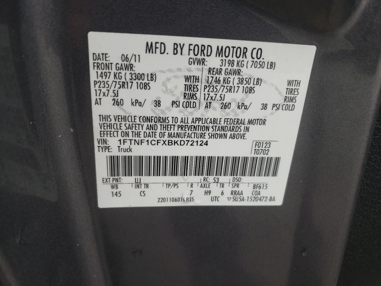 2011 Ford F150 VIN: 1FTNF1CFXBKD72124 Lot: 64667575