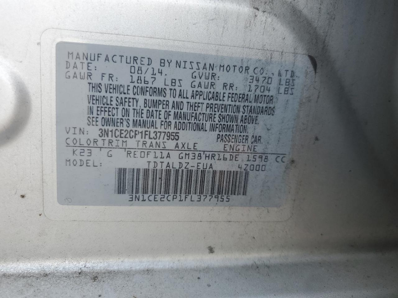 2015 Nissan Versa Note S VIN: 3N1CE2CP1FL377955 Lot: 65233205