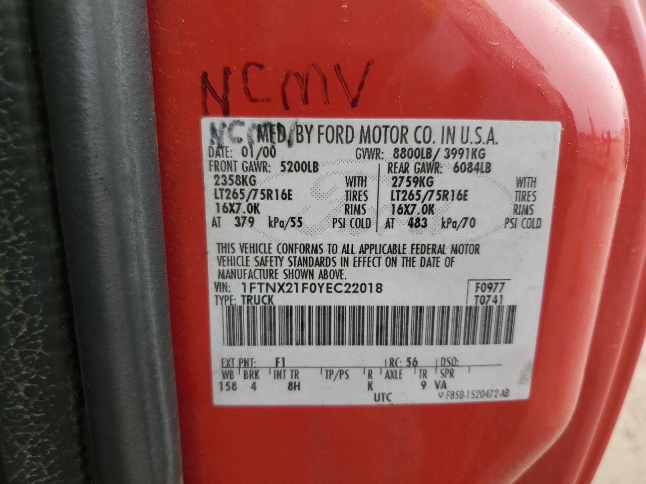 2000 Ford F250 Super Duty VIN: 1FTNX21F0YEC22018 Lot: 65368895