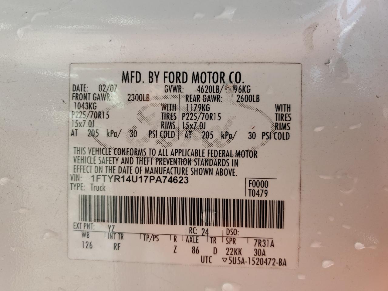 2007 Ford Ranger Super Cab VIN: 1FTYR14U17PA74623 Lot: 63571715