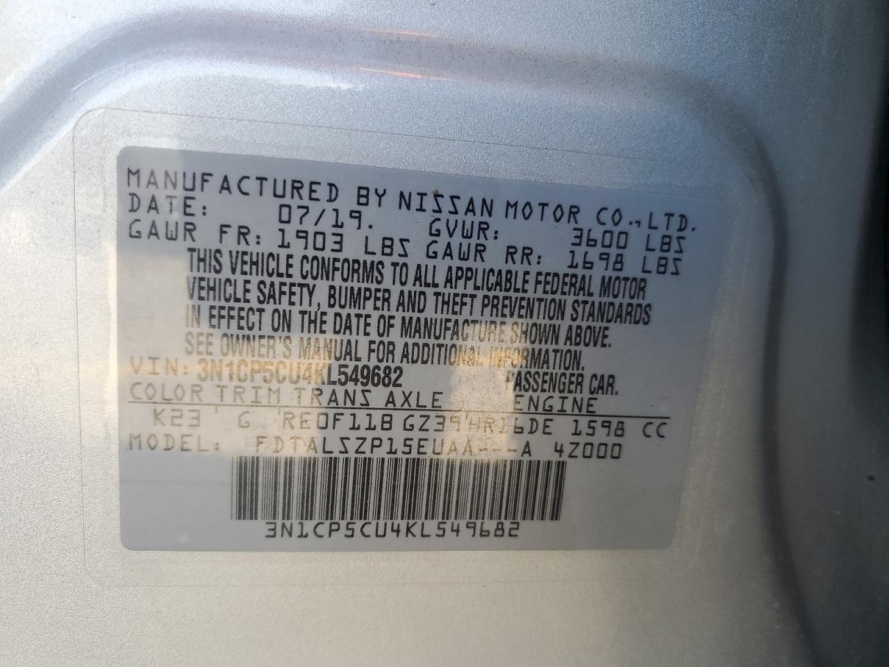 2019 Nissan Kicks S VIN: 3N1CP5CU4KL549682 Lot: 64821115