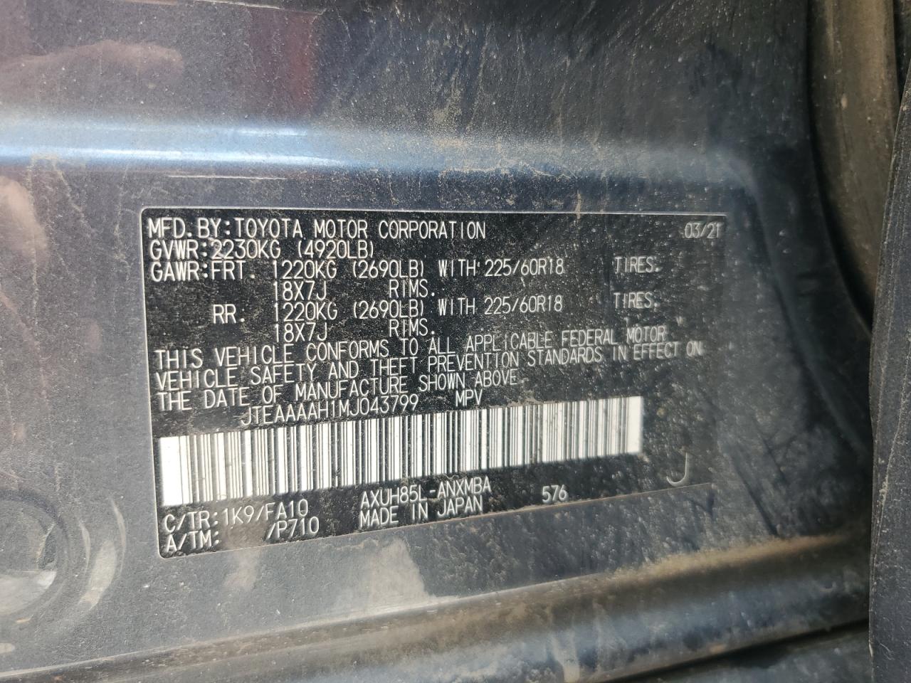 2021 Toyota Venza Le VIN: JTEAAAAH1MJ043799 Lot: 64055585