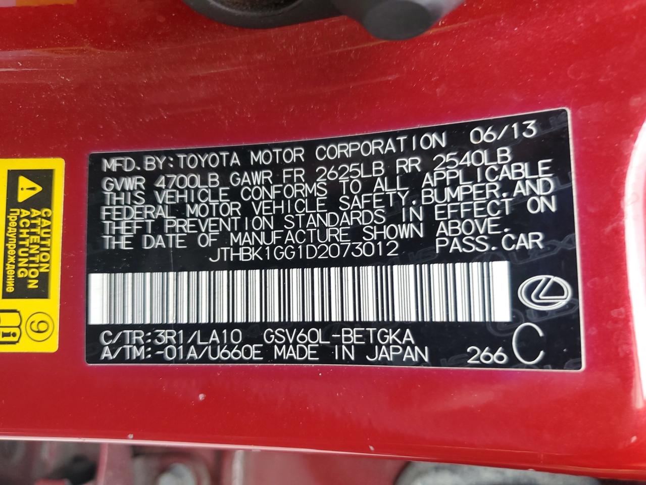 2013 Lexus Es 350 VIN: JTHBK1GG1D2073012 Lot: 63005645
