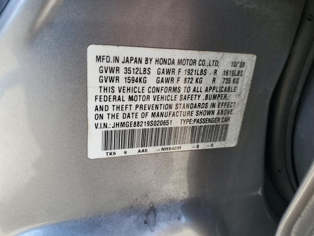 2009 Honda Fit VIN: JHMGE88219S020651 Lot: 63081175
