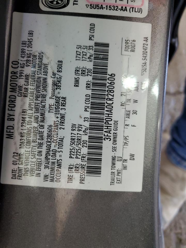 2012 Ford Fusion Se VIN: 3FAHP0HA0CR280606 Lot: 63163405